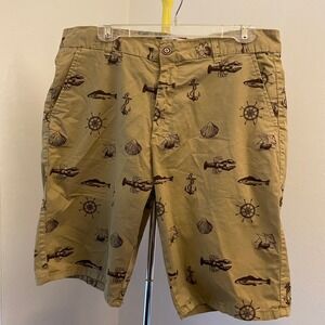 Ditch Plains Ricky Singh Men Nautical Print Chino Shorts Khaki Tan Lobster Sz 36